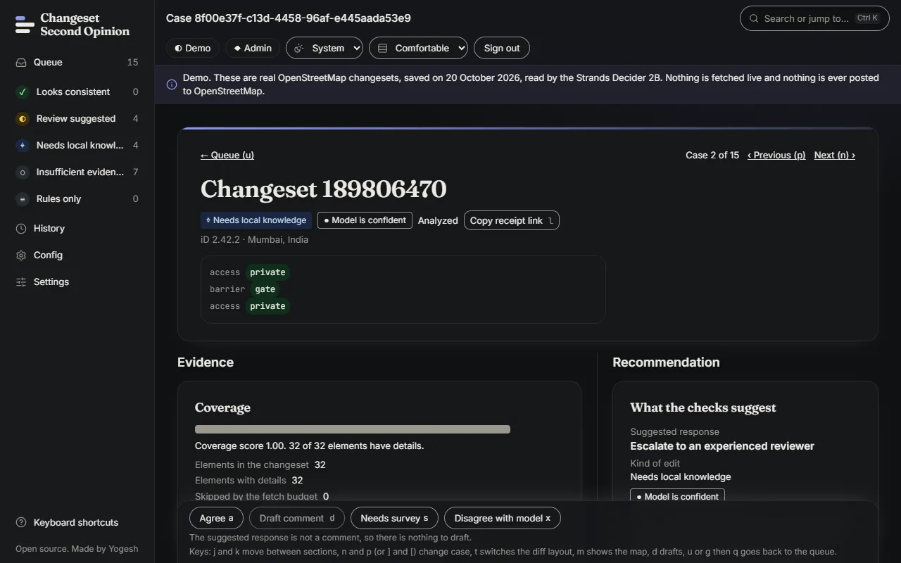 A case in Changeset Second Opinion: the changeset, its place, the evidence and the suggested response, with the actions along the bottom.