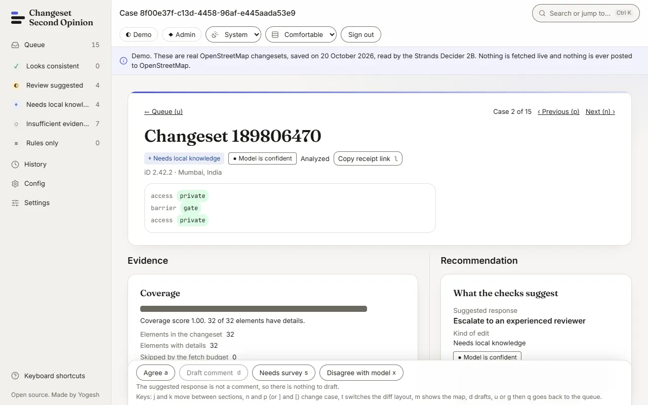 A case in Changeset Second Opinion: the changeset, its place, the evidence and the suggested response, with the actions along the bottom.