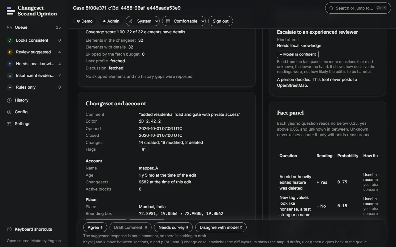 The recommendation column with the suggested response, the band, and the fact panel table showing each question with its reading and probability.