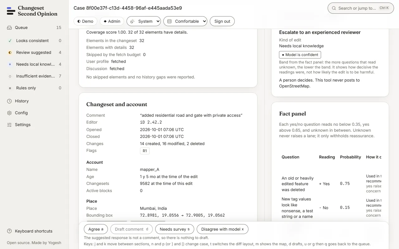 The recommendation column with the suggested response, the band, and the fact panel table showing each question with its reading and probability.