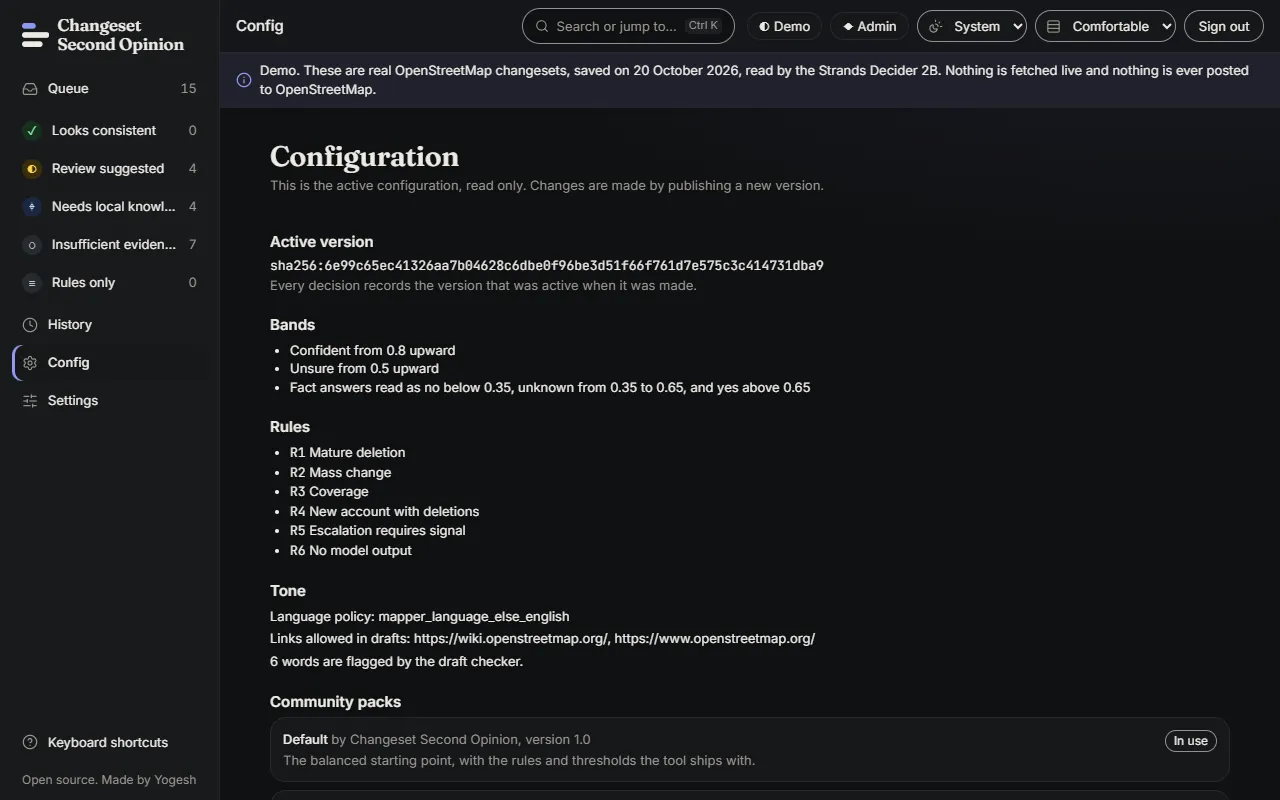 The Config page. It shows the active version, the bands, the rules R1 to R6, the tone settings and a list of community packs with the active one marked In use.