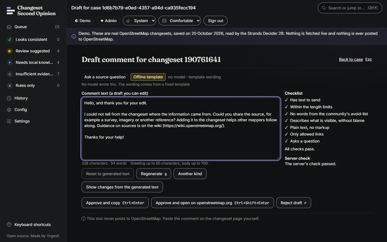 The draft page showing the heading Draft comment for changeset 190761641, the text Drafting about 5 seconds, and an empty text area that the draft fills.