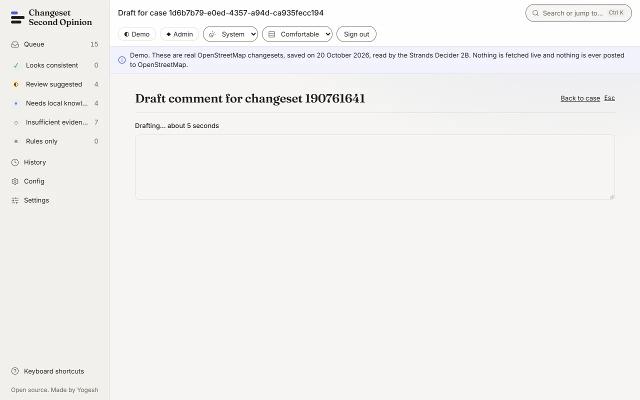 The draft page showing the heading Draft comment for changeset 190761641, the text Drafting about 5 seconds, and an empty text area that the draft fills.