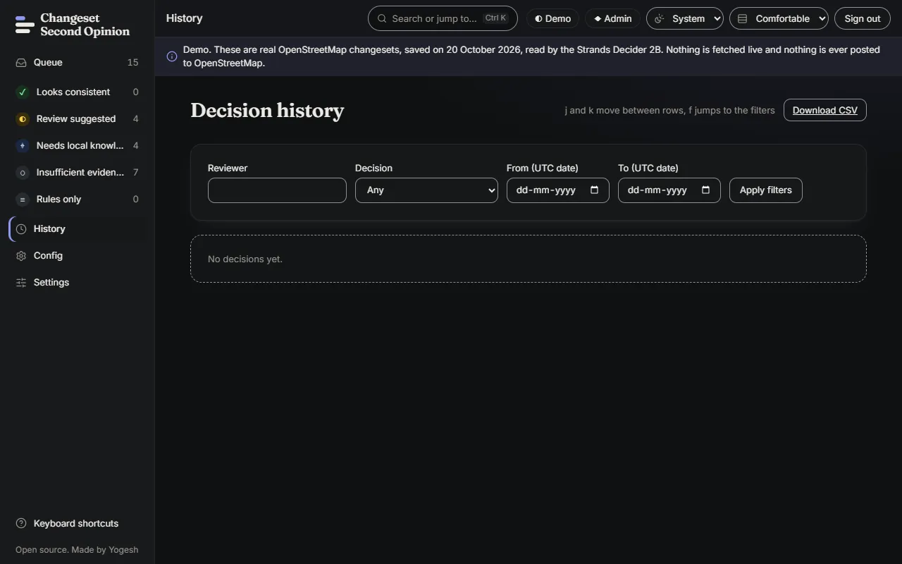 The decision history page with filters for reviewer, decision and dates, and a table of recorded decisions below. On a fresh demo it reads No decisions yet.