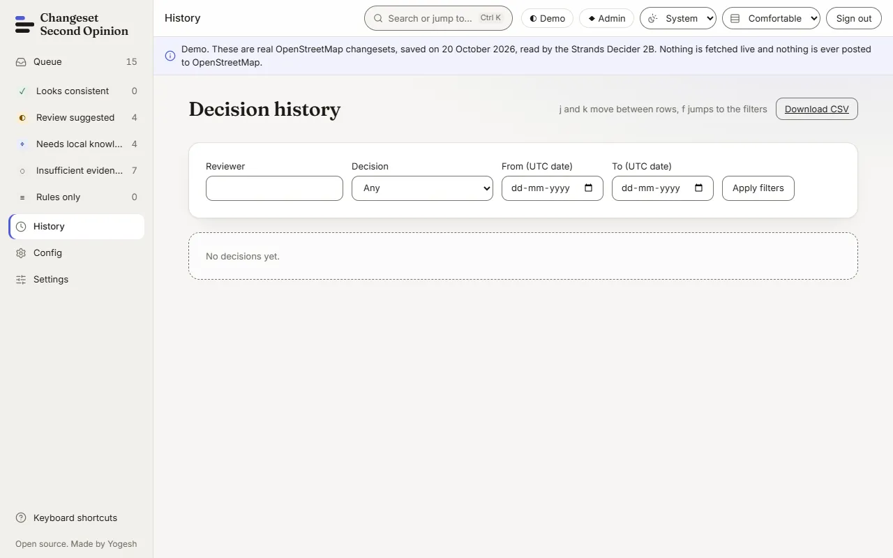 The decision history page with filters for reviewer, decision and dates, and a table of recorded decisions below. On a fresh demo it reads No decisions yet.