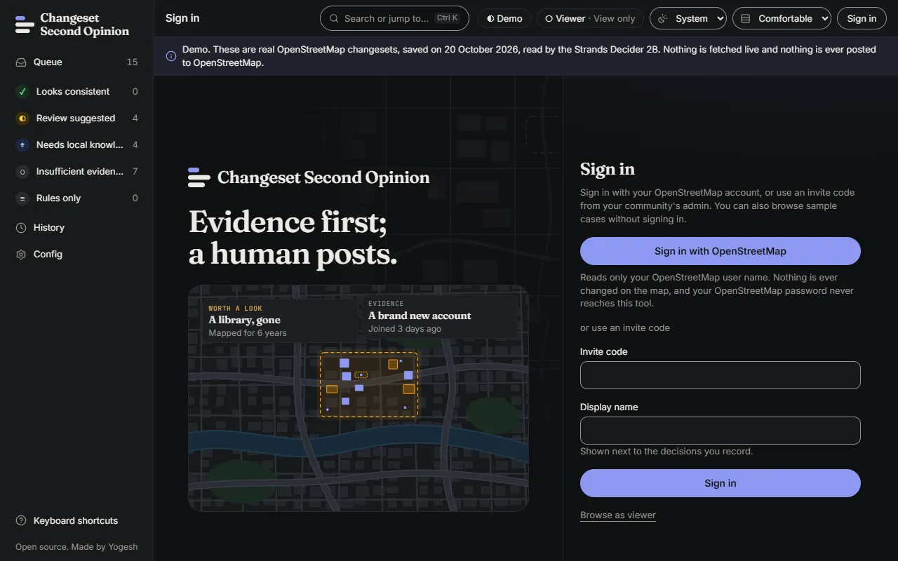 The sign-in page with a button to sign in with OpenStreetMap, then fields for an invite code and a display name, and a link to browse as a viewer.