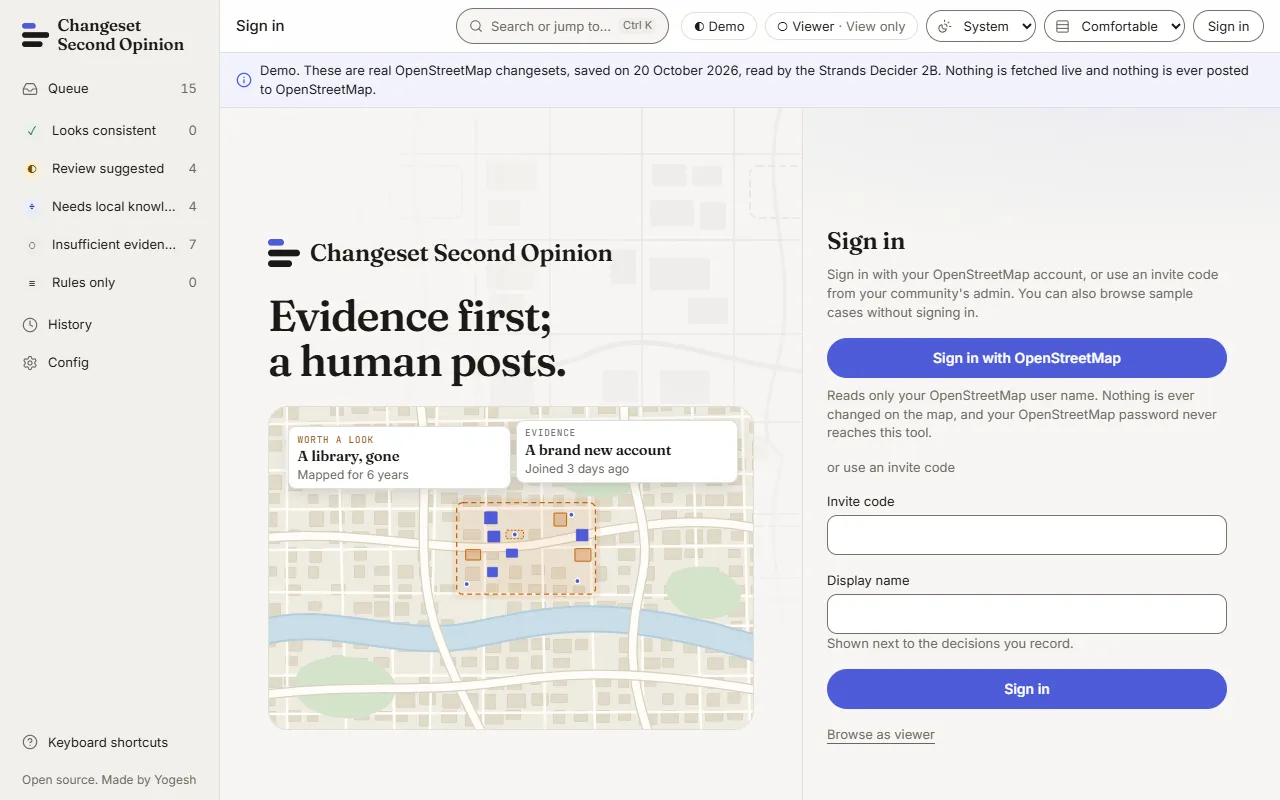 The sign-in page with a button to sign in with OpenStreetMap, then fields for an invite code and a display name, and a link to browse as a viewer.