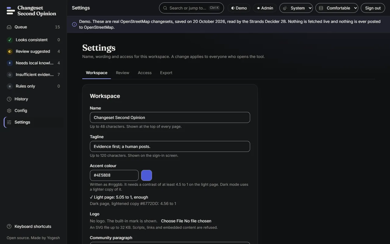 The Workspace tab of Settings. It shows fields for Name, Tagline, Accent colour with a swatch and a contrast readout, Logo and Community paragraph.