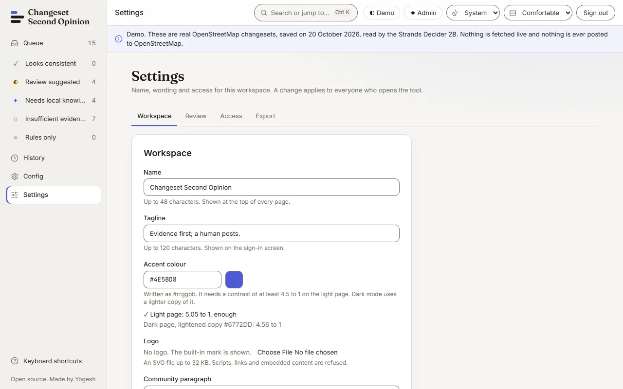 The Workspace tab of Settings. It shows fields for Name, Tagline, Accent colour with a swatch and a contrast readout, Logo and Community paragraph.